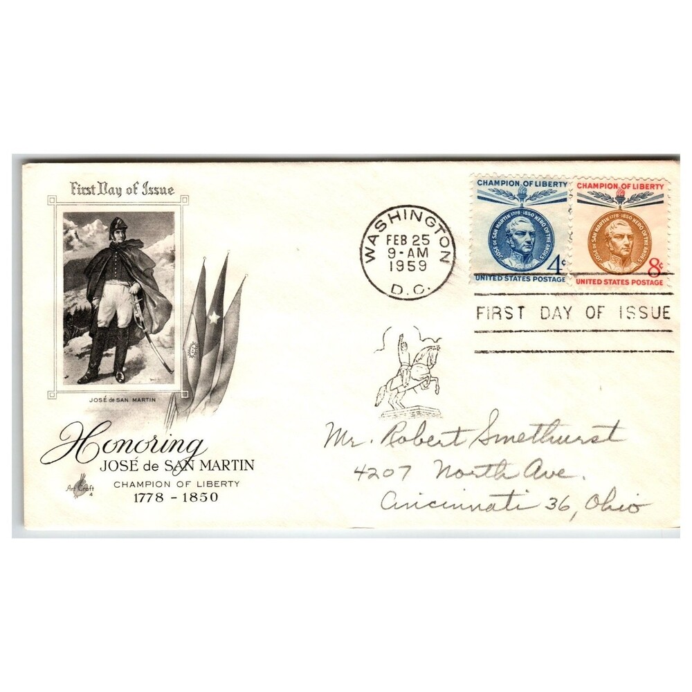 Scott #1128-29 1959 José de San Martín Artcraft First Day Cover FDC